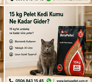 15 kg ve yaklaşık 30 litre BetaPellet paket bilgisini anlatan rehber görseli