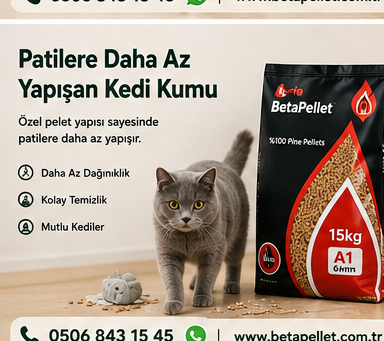Pelet kedi kumunun patilere daha az yapışan iri tane yapısını gösteren rehber görseli