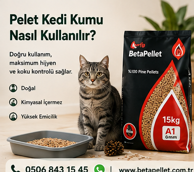 Pelet kedi kumunun kum kabında kullanımını gösteren BetaPellet rehber görseli